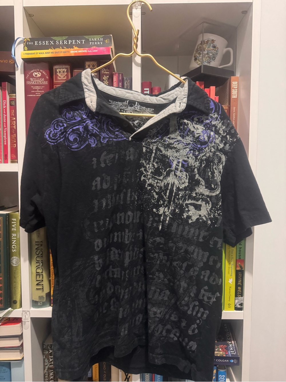 Silver Jeans Black Polo with Purple and White Graphic Detail